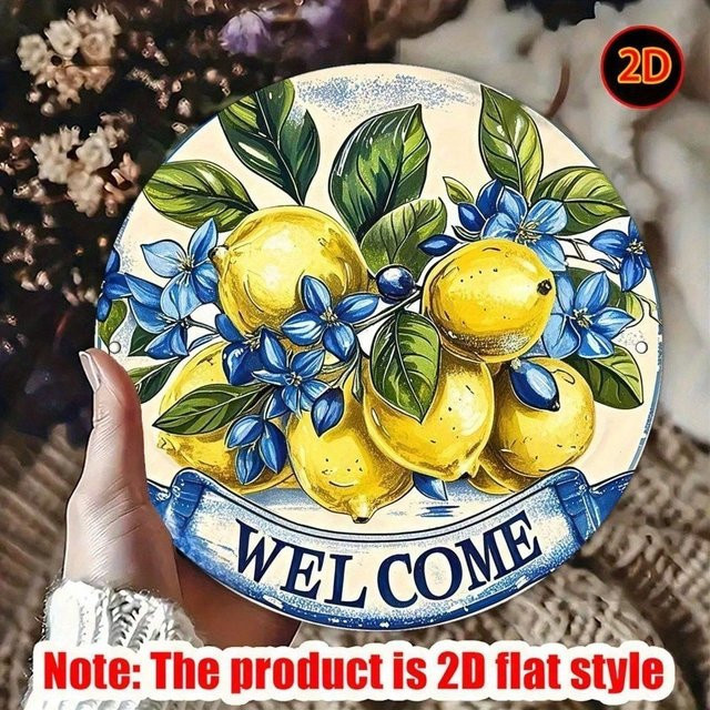 CIFBUY Vintage Aluminium-Willkommensschild mit Zitronen- und Blumenmotiv, Rundes Metall-Wandschild für Garten und Terrasse, Mehrfarbig - Bild 1