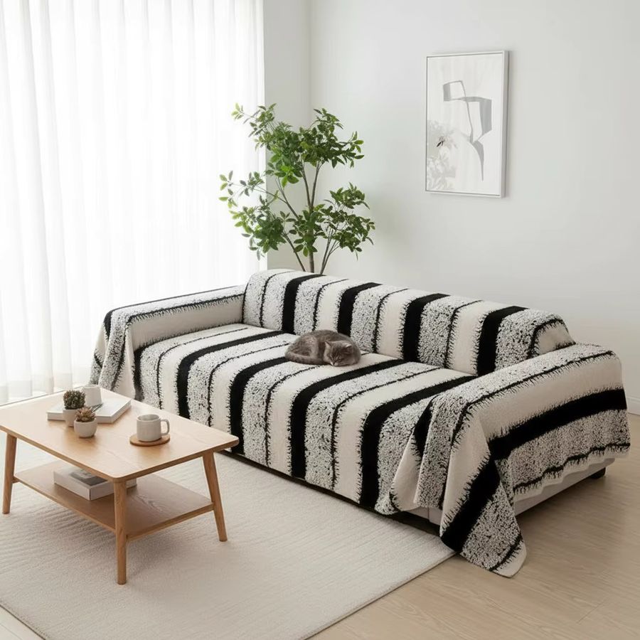 Böhmisches Jacquard-Sofahandtuch aus warmem Plüsch in Schwarz-Weiß gestreift - Bild 5