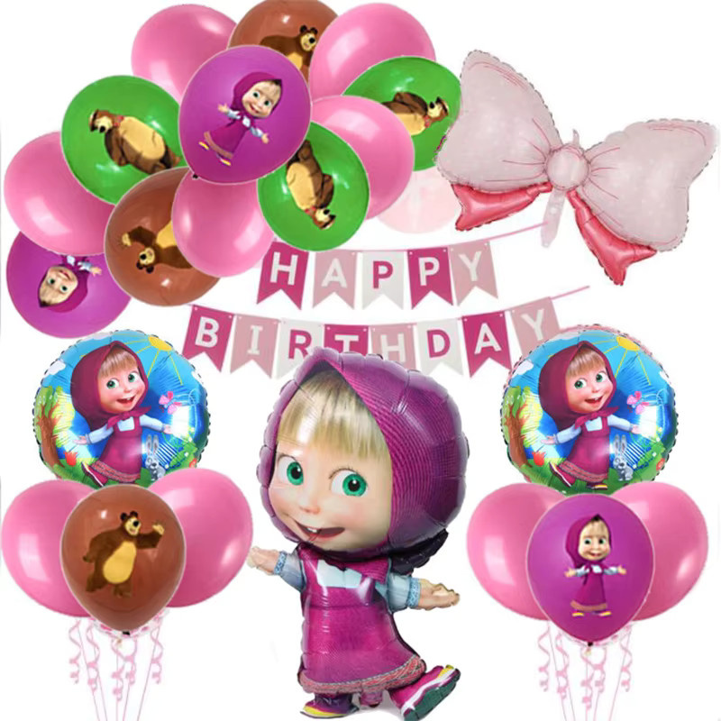 Potdemiel Mascha und der Bär Geburtstagsballons Rosa Folienballons für Kinderpartys - Bild 1