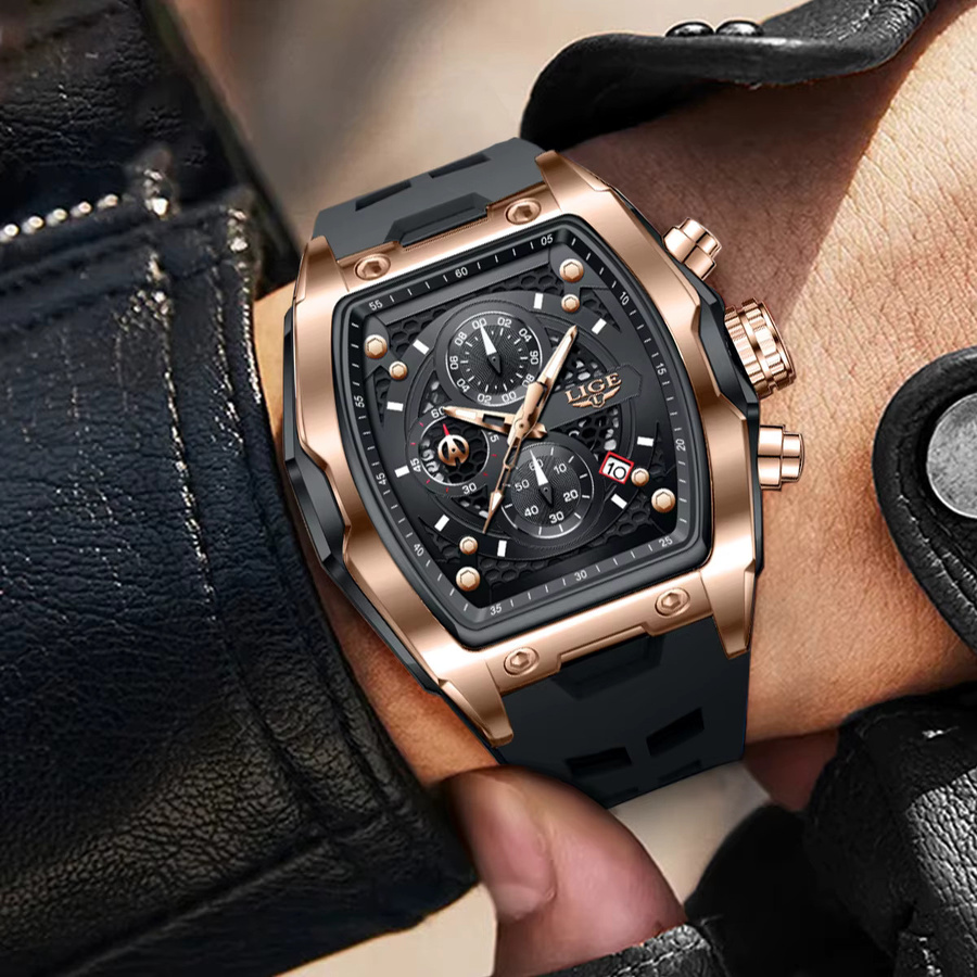 LIGE Armbanduhr Quarz, Eckig, Silikon, Schwarz, Herren - Bild 5