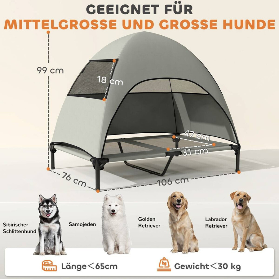 PawHut Hundeliege Outdoor mit Dach und erhöhtem Boden, hellgraues Hundebett für große Hunde mit Waschbarem Bezug, B/T/H: 106 x 76 x 99 cm - Bild 3