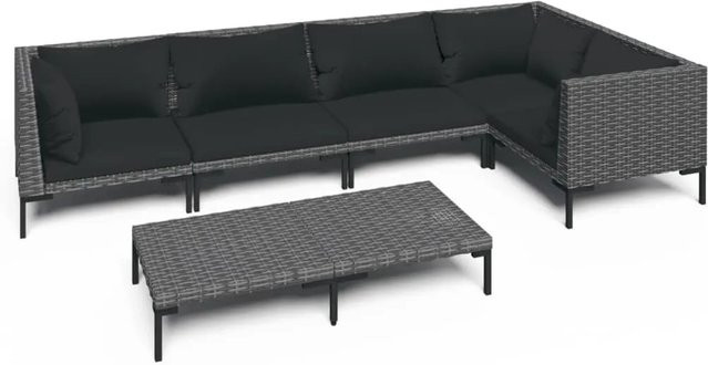 vidaXL 6-teiliges Garten-Lounge-Set in U-Form aus Poly Rattan und pulverbeschichtetem Stahl in Dunkelgrau mit Kissen und Couchtisch - Bild 1