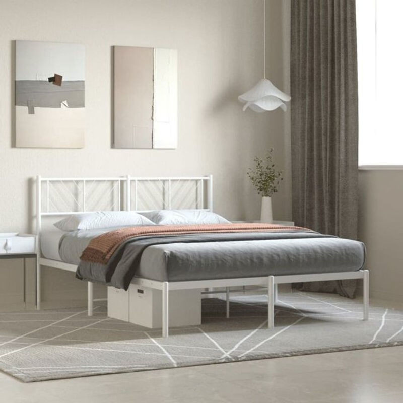 Vidaxl Metallbett mit Kopfteil in Weiß, Modernes Bettgestell aus Stahl, B: 120 cm, L: 200 cm - Bild 1