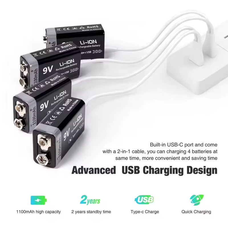 L7ADFJ 9V Li-Ion Akku 1100mAh Typ-C wiederaufladbar Schwarz 6F22 für RC Hubschrauber und Multimeter - Bild 2