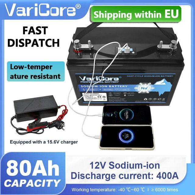 VariCore Natrium-Ionen-Batterie 12V 80Ah in Schwarz, kältebeständige Deep-Cycle-Speicherbatterie für Solaranlagen, Wohnmobile und Boote - Bild 1