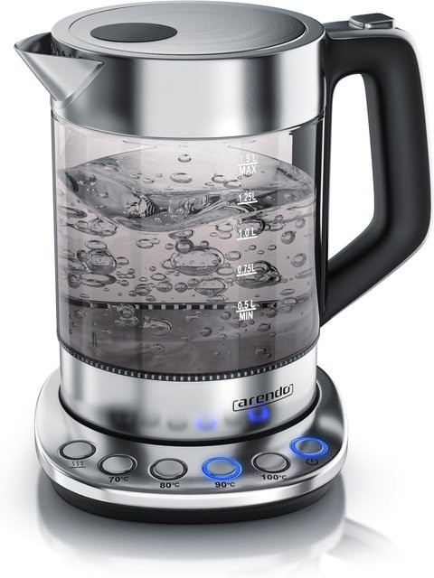 Arendo Wasserkocher aus Edelstahl und Glas in Silber mit 1,5 l Fassungsvermögen, 2200 W Leistung und einstellbarer Temperatur von 70°C bis 100°C inklusive Basisstation - Bild 1