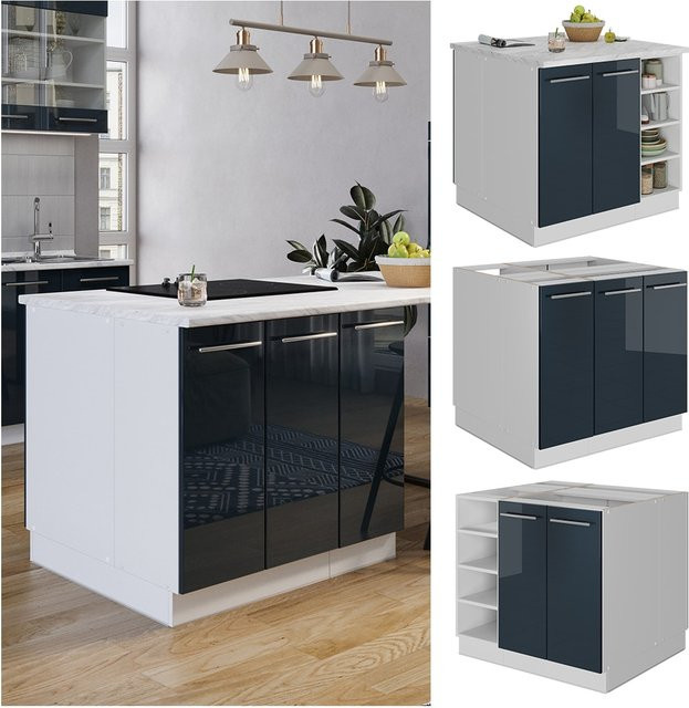 Vicco Kücheninsel Fame-Line in Weiß und Dunkelblau Hochglanz mit Soft-Close-Türen, Breite: 90 cm - Bild 1