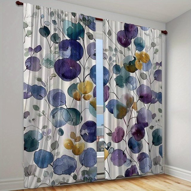 2er-Set moderne Vorhänge mit handgemaltem Blattmuster, halbtransparent, mehrfarbig, Polyester, Breite: 100 cm, Höhe: 160 cm - Bild 1