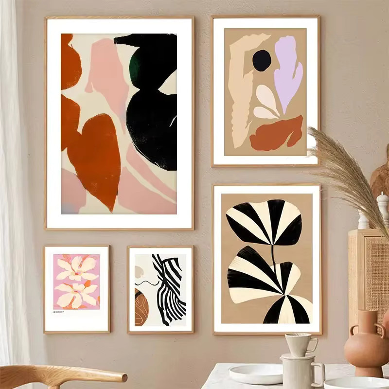 Potdemiel Moderne Wandkunst Leinwandmalerei mit abstrakten geometrischen Linien und floralen Blättern in Beige und Schwarz - Bild 2