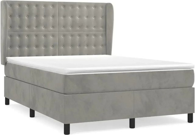 vidaXL Boxspringbett mit Matratze in Hellgrau aus Samt, Hybrid-Design mit Taschenfederkern, B/T: 140 x 200 cm - Bild 1