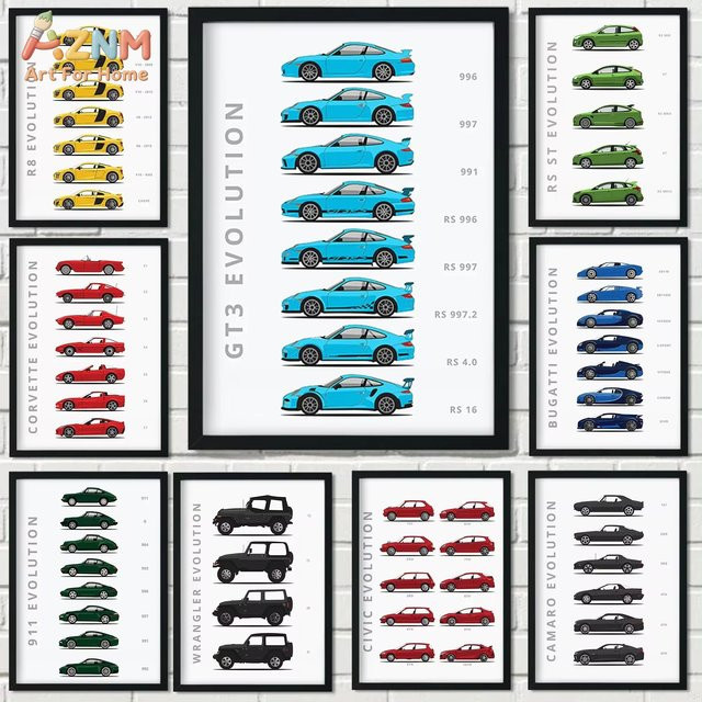 Rastar Vintage Autos Poster Cartoon Rennwagen Leinwanddruck Wandkunst Multicolour - Bild 1