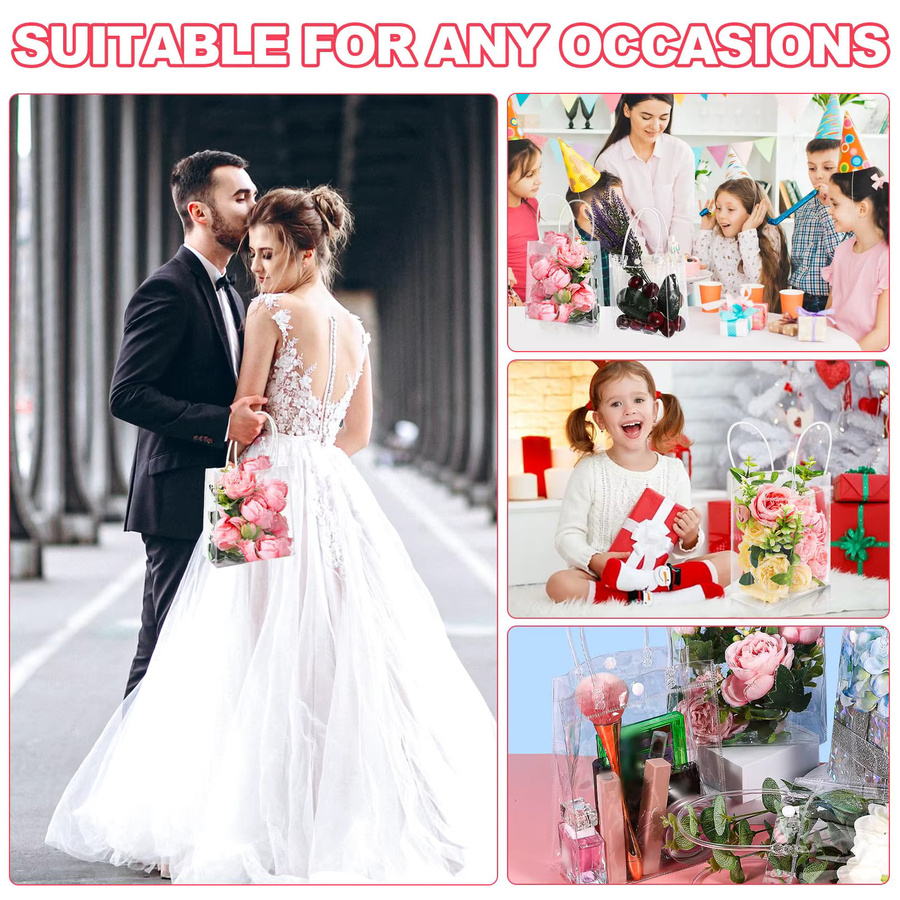 12 transparente Geschenktüten aus Kunststoff mit Griff, wiederverwendbare Geschenkverpackungs-Tragetaschen für Partys und Hochzeiten - Bild 3