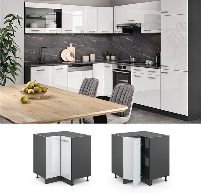 Vicco Eckunterschrank R-Line Küchenschrank in Weiß und Bordeauxrot mit Doppeldrehtür und Einlegeboden, Hochglanz - Bild 1