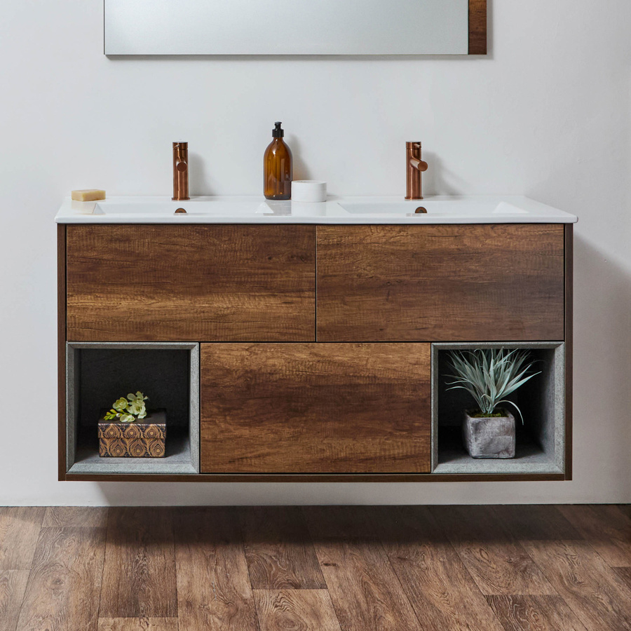 Hudson Reed Hängender Waschtischunterschrank Modern mit Doppelwaschbecken in Eiche Braun B/T/H: 119,4 x 60,0 x 45,6 cm - Bild 1