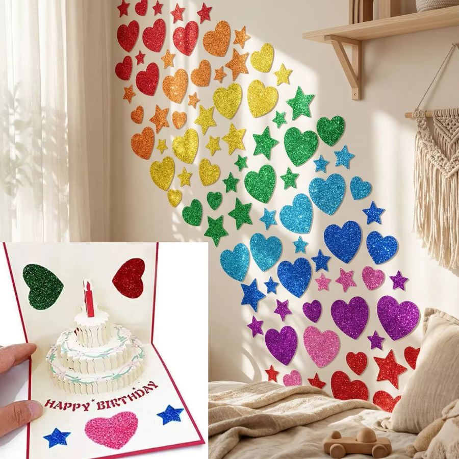 300 Stück selbstklebende Glitzer-Schaumstoff-Aufkleber in Bunt mit Sternen und Herzen für Kinderhandwerk und Dekoration - Bild 2