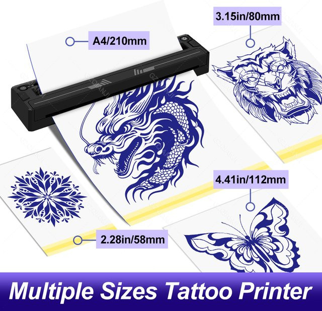 Kabelloser A4 Thermodrucker für Tattoo-Schablonen und Transferpapier, mobil und tragbar, kompatibel mit Smartphone und PC, Schwarz - Bild 1