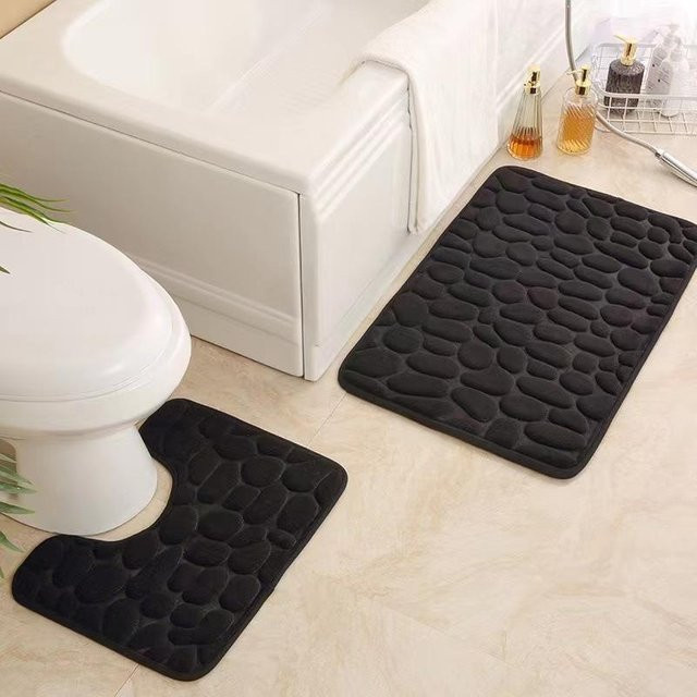 2er-Set Badezimmerteppiche aus Korallenfleece von Black Team, schwarz, rutschfest und schnelltrocknend, B/B: 40 x 60 cm - Bild 1