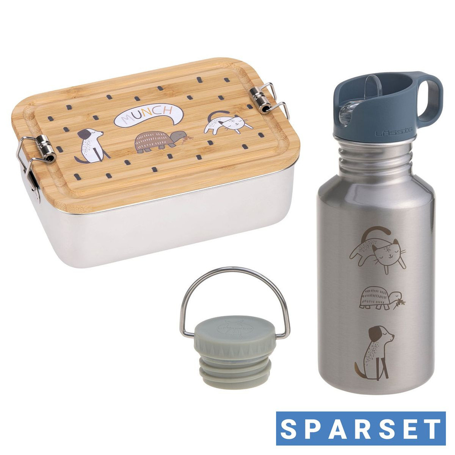 Lässig 2-tlg. Lunch Set aus Edelstahl und Bambus mit Brotdose und Trinkflasche Happy Prints - Bild 1