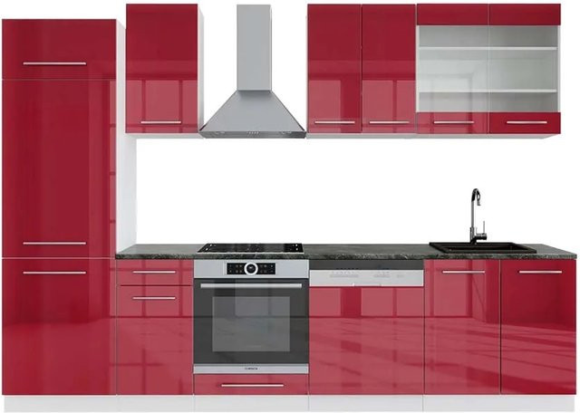 Vicco Fame-Line Küchenzeile modern in Bordeaux Hochglanz und Weiß mit Anthrazit, B: 300 cm - Bild 1