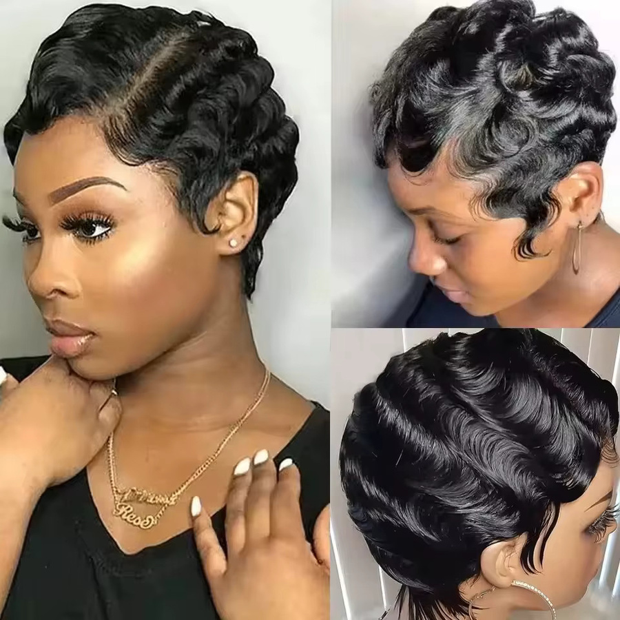 OYM HAIR Pixie-Perücke, Echthaar, schwarz, lockig, kurz, Damen - Bild 3