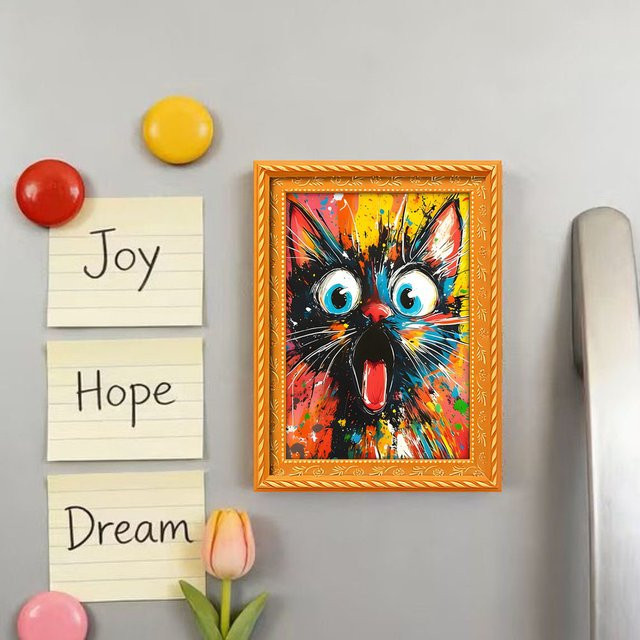 Abstrakter Comic-Katzen-Kühlschrankmagnet aus Holz in Multicolour als Mini-Fotorahmen zur Wanddekoration - Bild 1