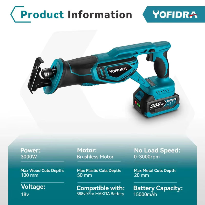 YOFIDRA Bürstenlose Hand-Säbelsäge mit 3000 RPM für Holz und Metall, Blau, kompatibel mit Makita LXT Akkus - Bild 2
