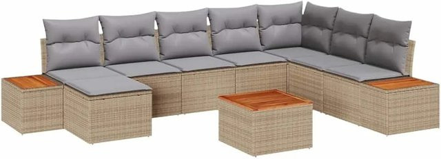 vidaXL Gartensofa-Set aus Polyrattan und Akazienholz mit 9 Kissen in Beige und Hellgrau - Bild 1
