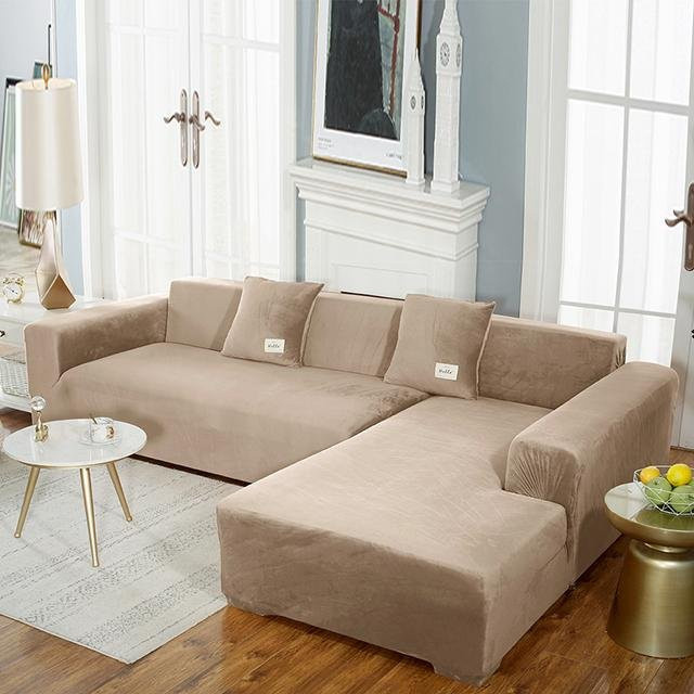 BRHUIXUE Samt-Sofabezug für Ecksofas in Beige, elastischer L-förmiger Couch-Schonbezug aus Fleece, waschbar und rutschfest, 2-Sitzer für 140-185 cm - Bild 1