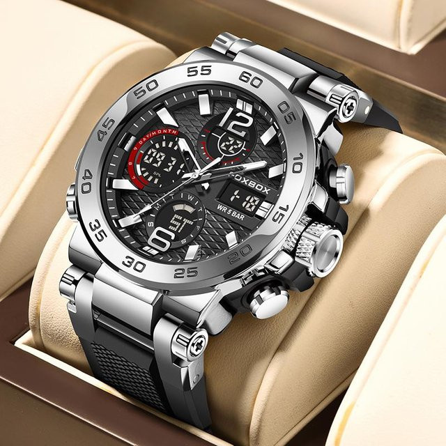 LIGE Armbanduhr, Quarz, Edelstahl, Silber/Schwarz, Herren, 46 mm - Bild 1