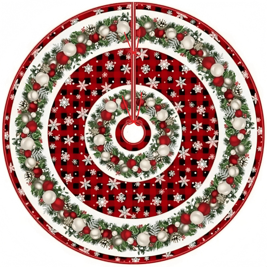 VIKAMA Weihnachtsbaumrock mit festlichen Motiven in Rot und Karo-Design aus Textil für drinnen und draußen - Bild 4