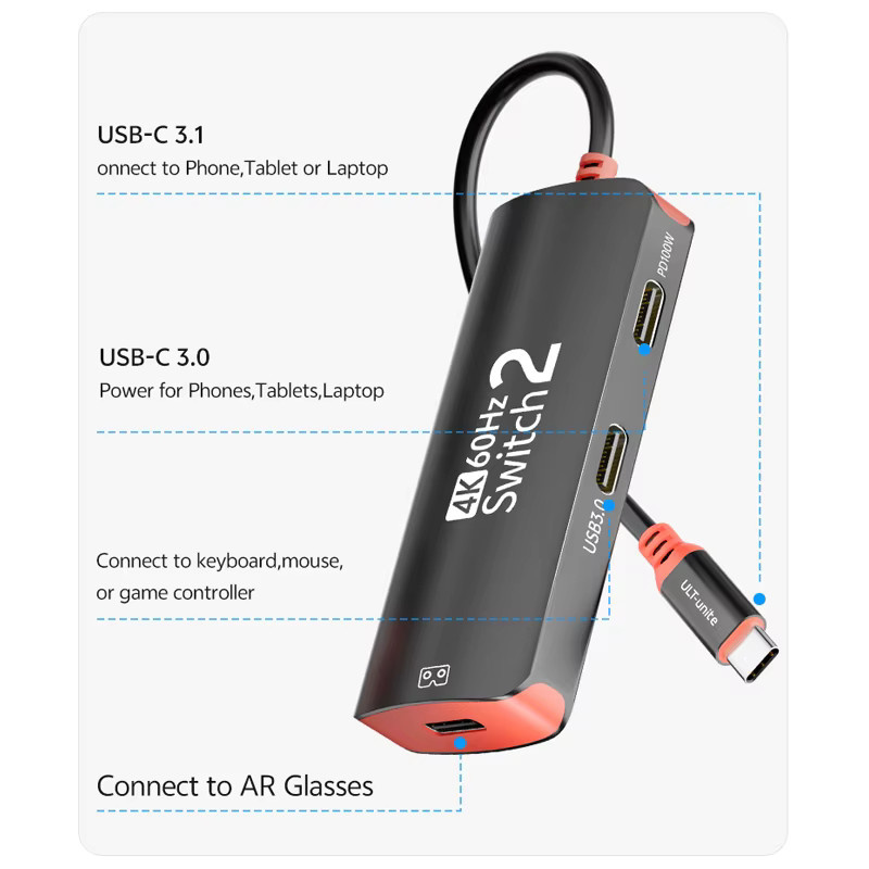 ULT-unite USB-C Hub Dockingstation in Schwarz für Nintendo Switch 2 und OLED, 4K60Hz Adapter mit 10Gbps Datenübertragung und 100W Power Delivery für Steam Deck und Laptop - Bild 5