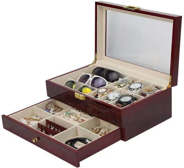 DOKW Schmuck-Aufbewahrungsbox aus Holz mit Vitrine für Uhren, Sonnenbrillen und Schmuck in doppellagiger Ausführung - Bild 1