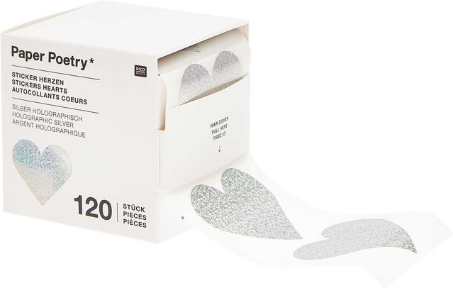 Rico Design Paper Poetry Sticker Herzen in Silber-Holographisch, Durchmesser: 5 cm, 120 Stück auf der Rolle - Bild 1