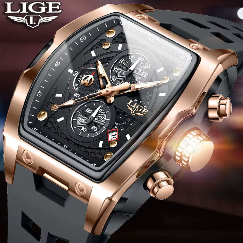 LIGE Chronograph, Quarz, Eckig, Silikon, Schwarz, Herren - Bild 5