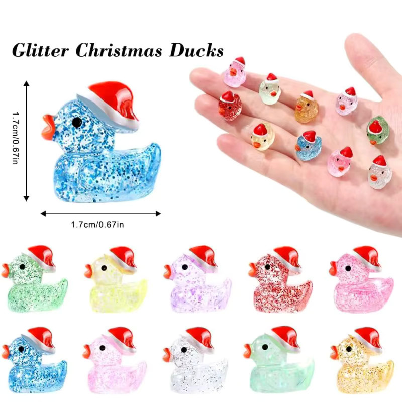 XMSJ Weihnachts-Mini-Glitzer-Enten aus Kunstharz mit Weihnachtsmütze, bunte Entenfiguren für die Heimdekoration - Bild 2