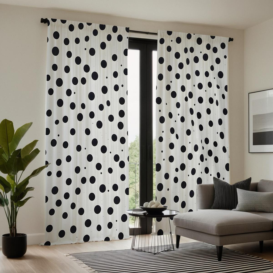 2er-Set dekorative Vorhänge mit Polka Dot Muster in Schwarz und Weiß, halbtransparent, moderner Stil, B: 132 cm, H: 160 cm - Bild 3