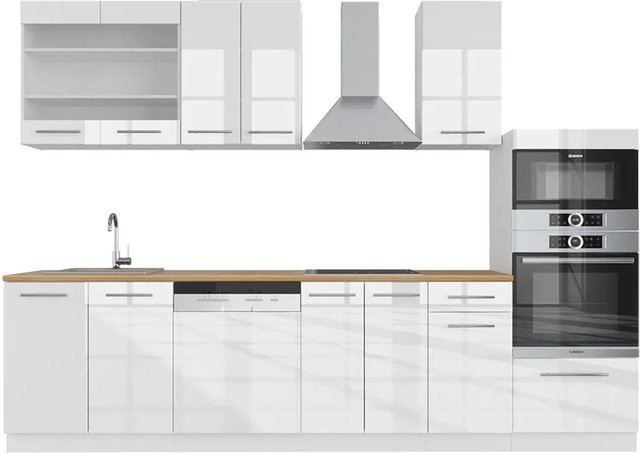 Vicco Fame-Line Küchenzeile in Weiß Hochglanz und Eiche mit Hochschrank, Breite: 300 cm - Bild 1