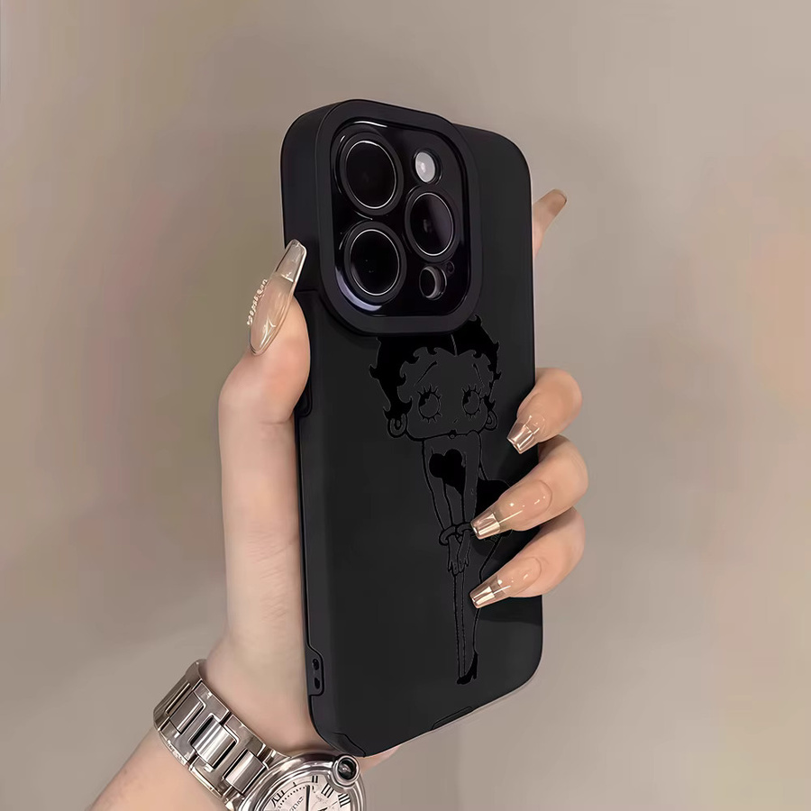 Stoßfeste Leder-Lammfell-Handyhülle mit Boop Charm B-BettyS von Potdemiel für iPhone 17, 16 Pro Max, 15, 14, 13 Max in Schwarz und Grau - Bild 2