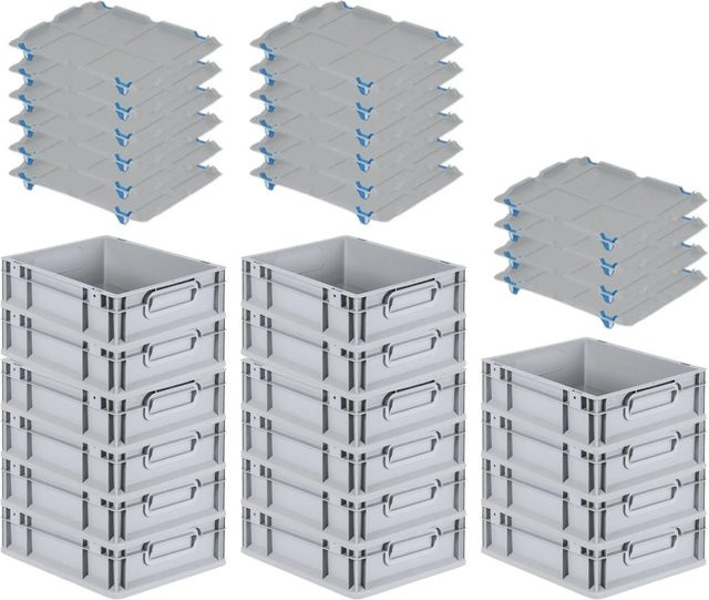 PROREGAL SuperSparSet 16x Eurobox NextGen Grip mit Auflagedeckel und blauen Schiebeschnappverschlüssen, Grau, H x B x T: 12 x 30 x 40 cm, 11 Liter - Bild 1
