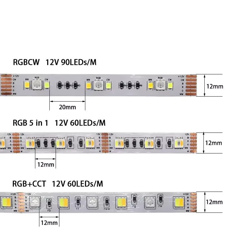 YSRSAI RGBCCT LED-Lichtleiste DC12V mit SMD5050 und 2835 Chips, flexible RGBW+CW Beleuchtung in Multicolour, Breite: 12 mm - Bild 2
