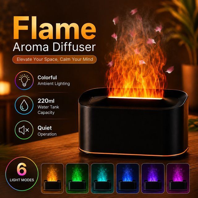 HAOYUNMA Aroma-Diffusor mit Flammen- und Farbwechsel-LED-Licht, Kaltnebel-Luftbefeuchter mit 220 ml Volumen, Typ-C Anschluss, Weiß oder Schwarz - Bild 1