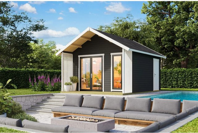 Lasita Blockbohlenhaus Murano Maja in Grau mit Satteldach, B/H/T: 448,5 x 330,6 x 520 cm - Bild 1