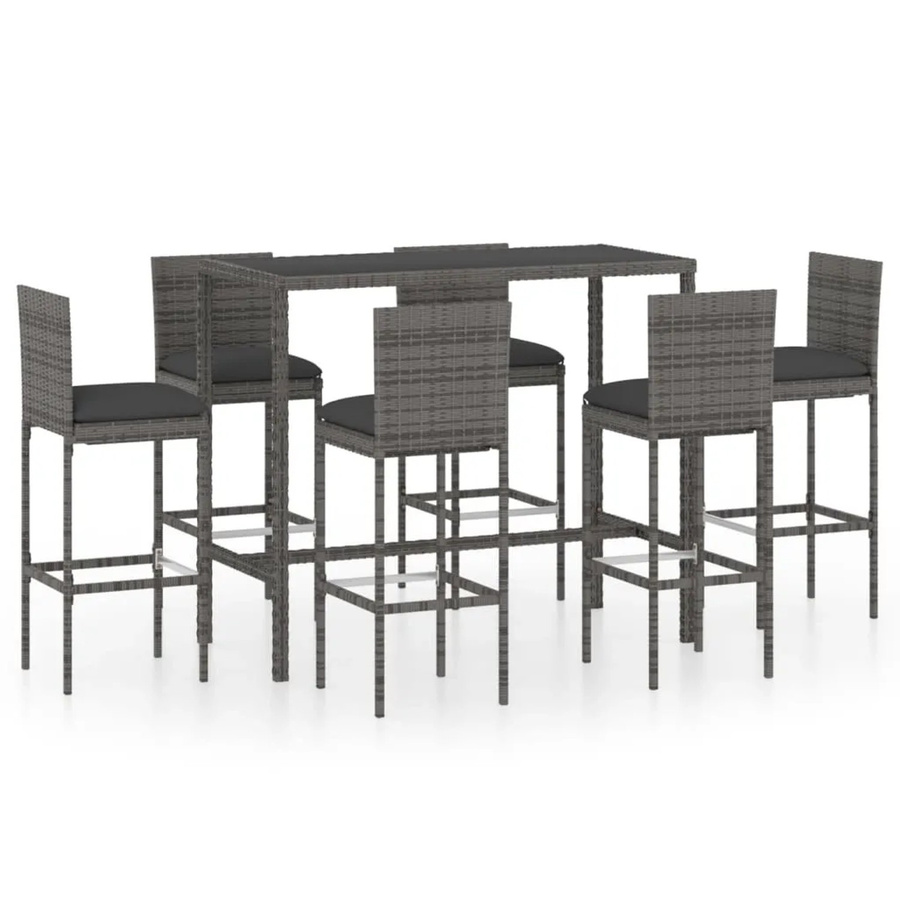 vidaXL 7-tlg Gartenbar-Set aus Poly-Rattan in Grau/Anthrazit mit Kissen und Glastisch - Bild 2