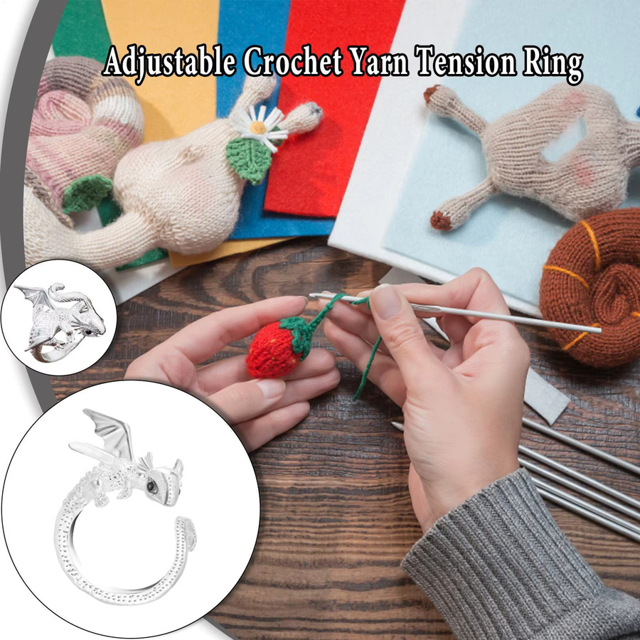 Verstellbarer Drachen-Strickring aus Metall in Silber als Garnführung und Fingerhalter für schnelleres Stricken und Häkeln - Bild 4