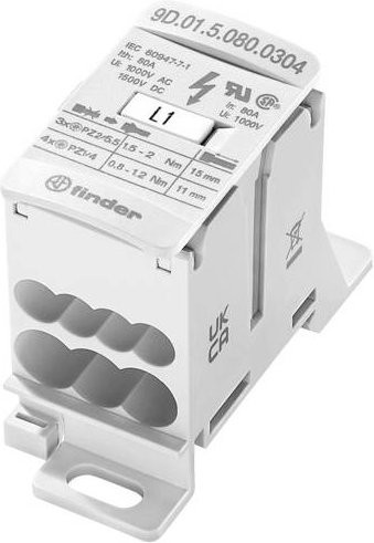 Finder Verteiler 9D.01.5.080.0304 Weiß 7polig 6mm² 80A 1000 V/AC 1500 V/DC für Leiter-Typ L, N, PE - Bild 1