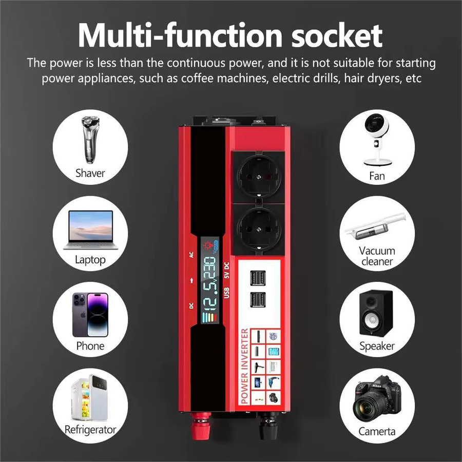 Avehrit DC12V-15V zu AC Stromwandler mit 4 USB-Anschlüssen und LED Digitalanzeige in Rot - Bild 3