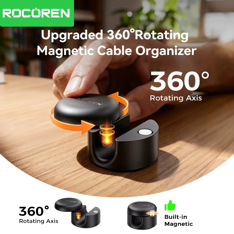 Rocoren 360 Grad rotierender magnetischer Kabelorganisator in Schwarz mit selbstklebenden Kabelclips und verstellbarem Kabelhalter für unter dem Schreibtisch - Bild 2