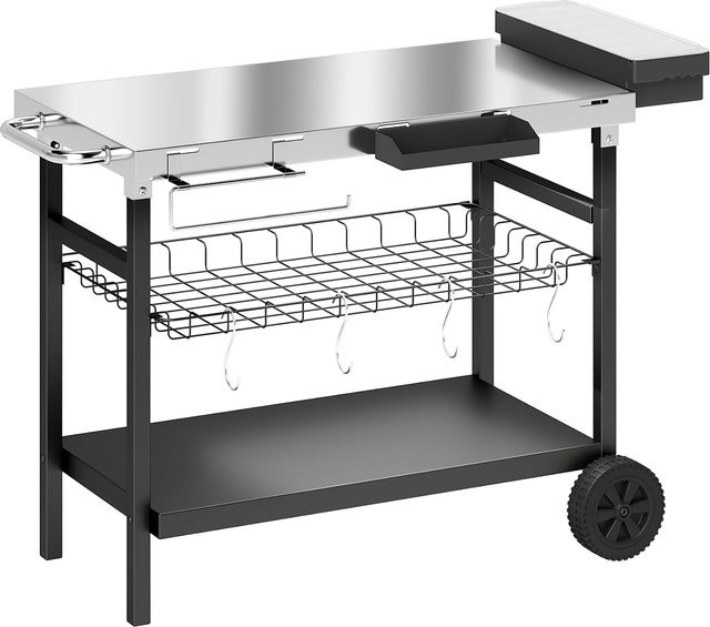 Outsunny Servierwagen für Garten in Schwarz mit Edelstahl-Arbeitsfläche, 3 Ebenen, abnehmbarem Korb, Gewürzbox und 4 Haken - Bild 1