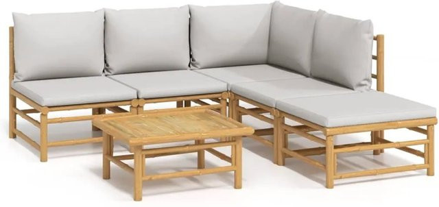 vidaXL 6-tlg. Garten-Lounge-Set aus Bambus mit grauen Polsterkissen in L-Form - Bild 1