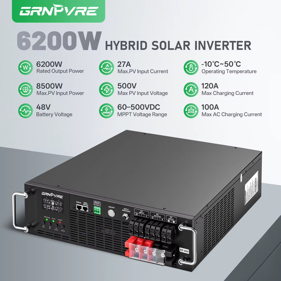 GRNPVRE Hybrid-Solarwechselrichter 6200W mit 120A MPPT-Controller, 48V Reine Sinuswelle, Schwarz - Bild 5